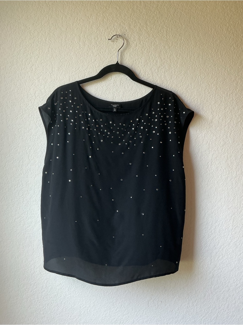 Talbots Petites Black Rhinestone Embellished Sheer Overlay Top MP